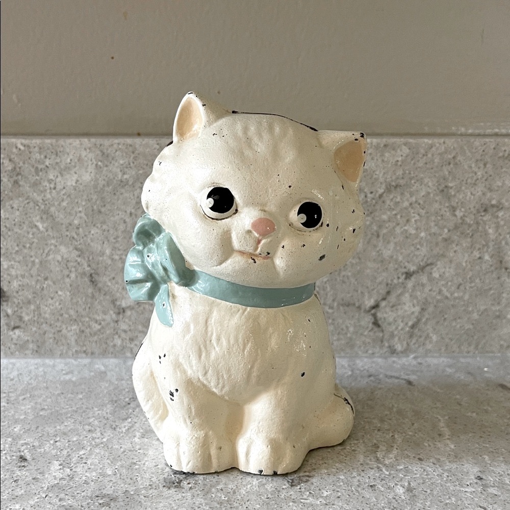 Vintage Hubley Cast Iron Cat Kitten Coin Bank Figurine with Blue Bow